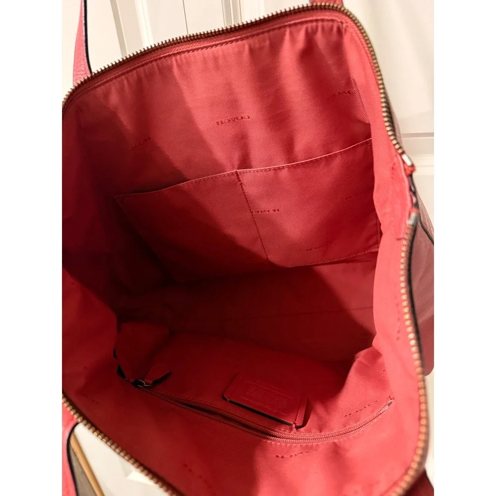 Coach Red Pebbled Leather Zip Top Tote Bag with Front Pocket and Dust Bag